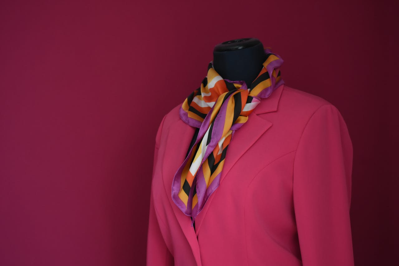 Elegant pink blazer with a colorful scarf displayed on a mannequin against a pink background.