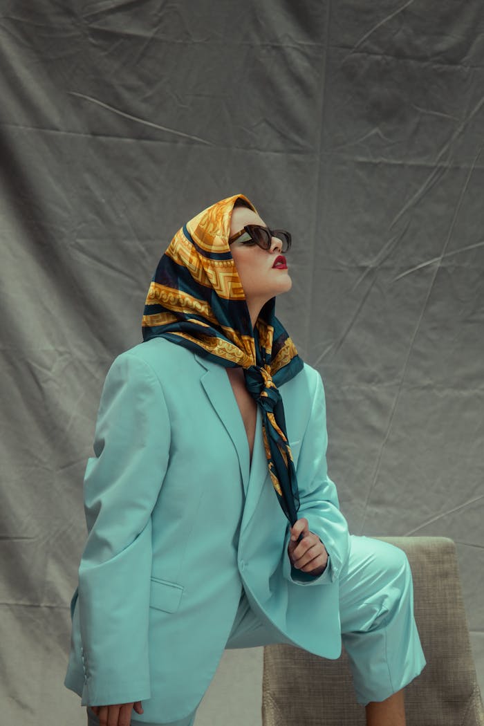 Elegant woman modeling a bluish suit and silk scarf, exuding fashion-forward confidence.