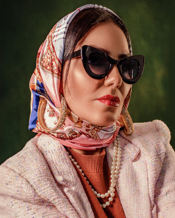 Stylish woman wearing sunglasses, silk headscarf, and pearls, exuding vintage elegance.